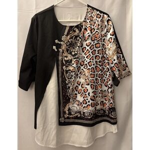 Leopard Print Layered Blouse Sheer Hem 3/4 Sleeve Animal Print Jewel Button L/XL